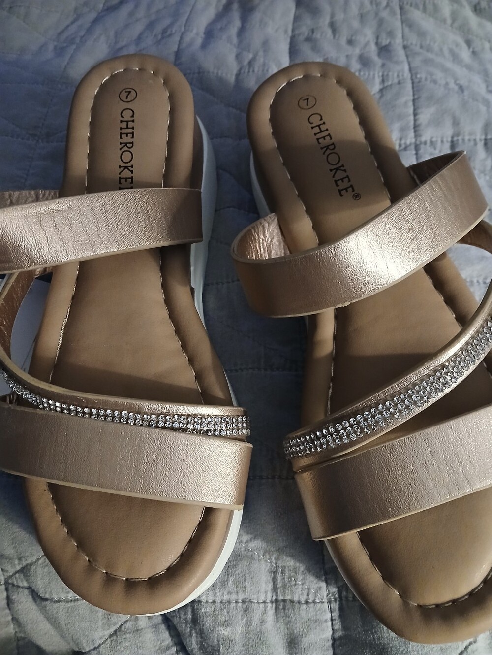 Cherokee Women’s Metallic Rose Gold Slide Sandals with Rhinestone Trim
